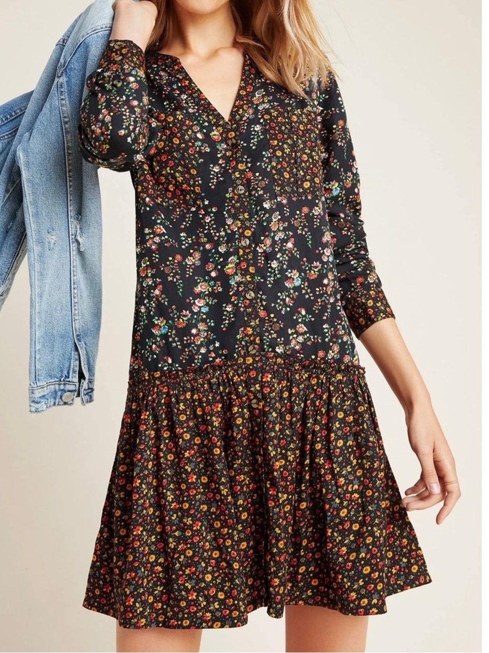 Maeve Black Floral Drop-Waist Long-Sleeve Dress